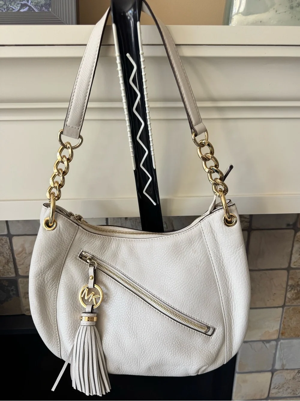 Michael Kors Cream Pebbled Leather Shoulder Hobo with Tassel and Gold Hardware